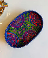 Dark Blue & Red Floral Motif Oval Cone Truck Art Tray (Handpainted)