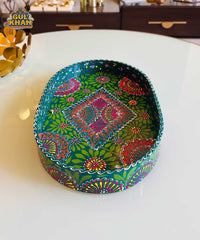 Green & Red Floral Motif Oval Cone Truck Art Tray (Handpainted)