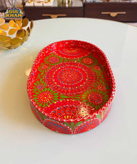 Green & Red Floral Motif Oval Cone Truck Art Tray (Handpainted)