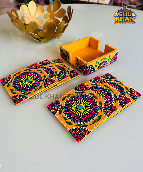 Yellow Cone Art Coaster Set Of Six (Handpainted)