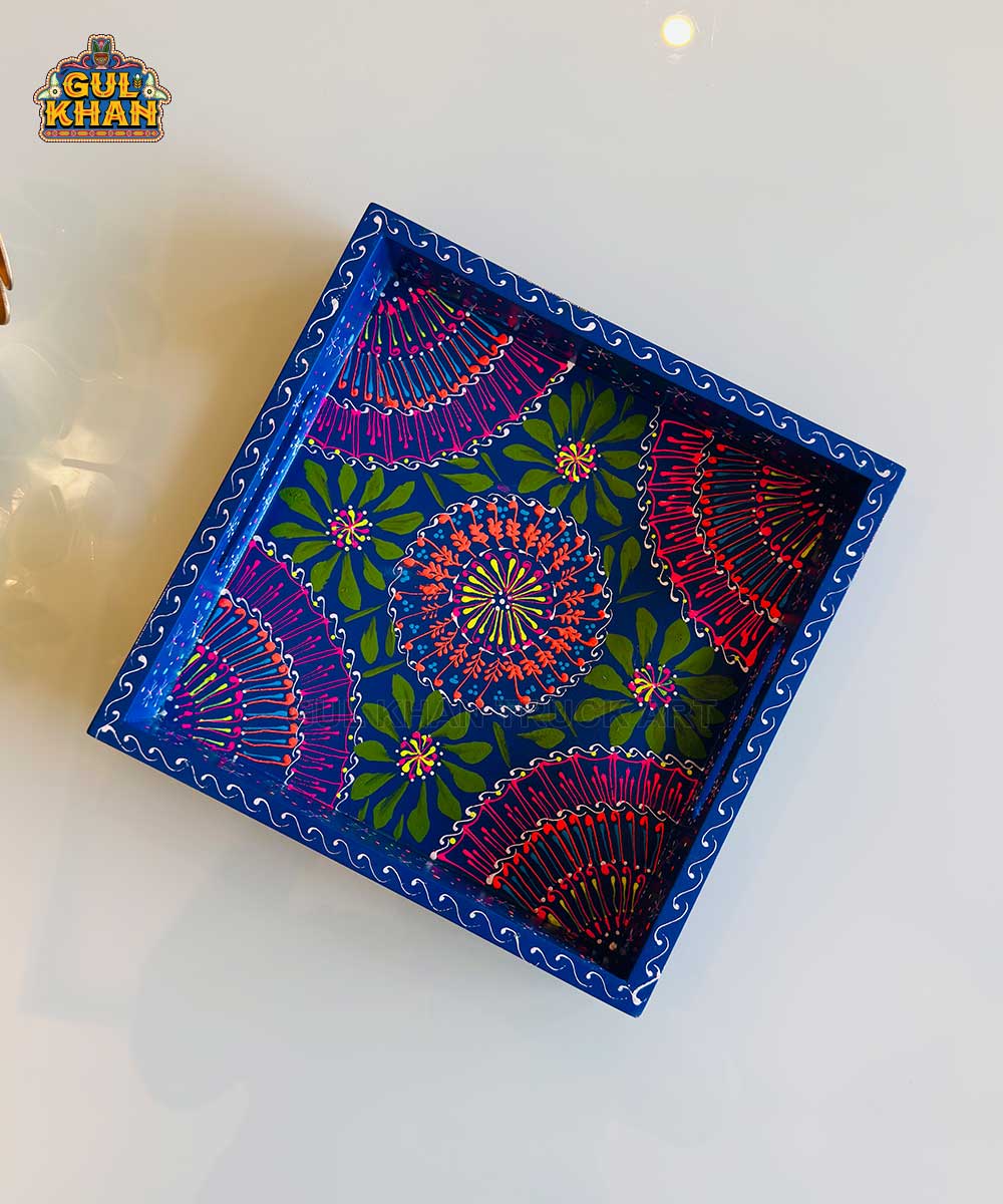 Dark Blue & Green Floral Motif Cone Truck Art Tray (Handpainted)