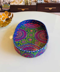 Dark Blue & Red Floral Motif Oval Cone Truck Art Tray (Handpainted)