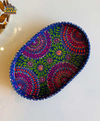 Dark Blue & Red Floral Motif Oval Cone Truck Art Tray (Handpainted)