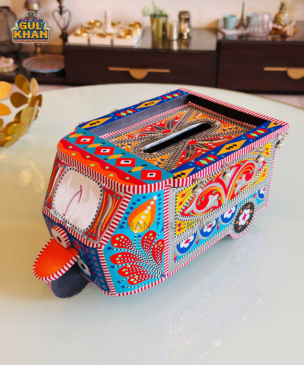 Orange & Blue Motif Rickshaw Tissue Box Truck Art