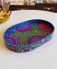 Dark Blue & Red Floral Motif Oval Cone Truck Art Tray (Handpainted)
