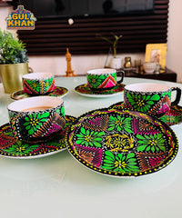 Green & Black Triangular Truck Art Handpainted Tea Set