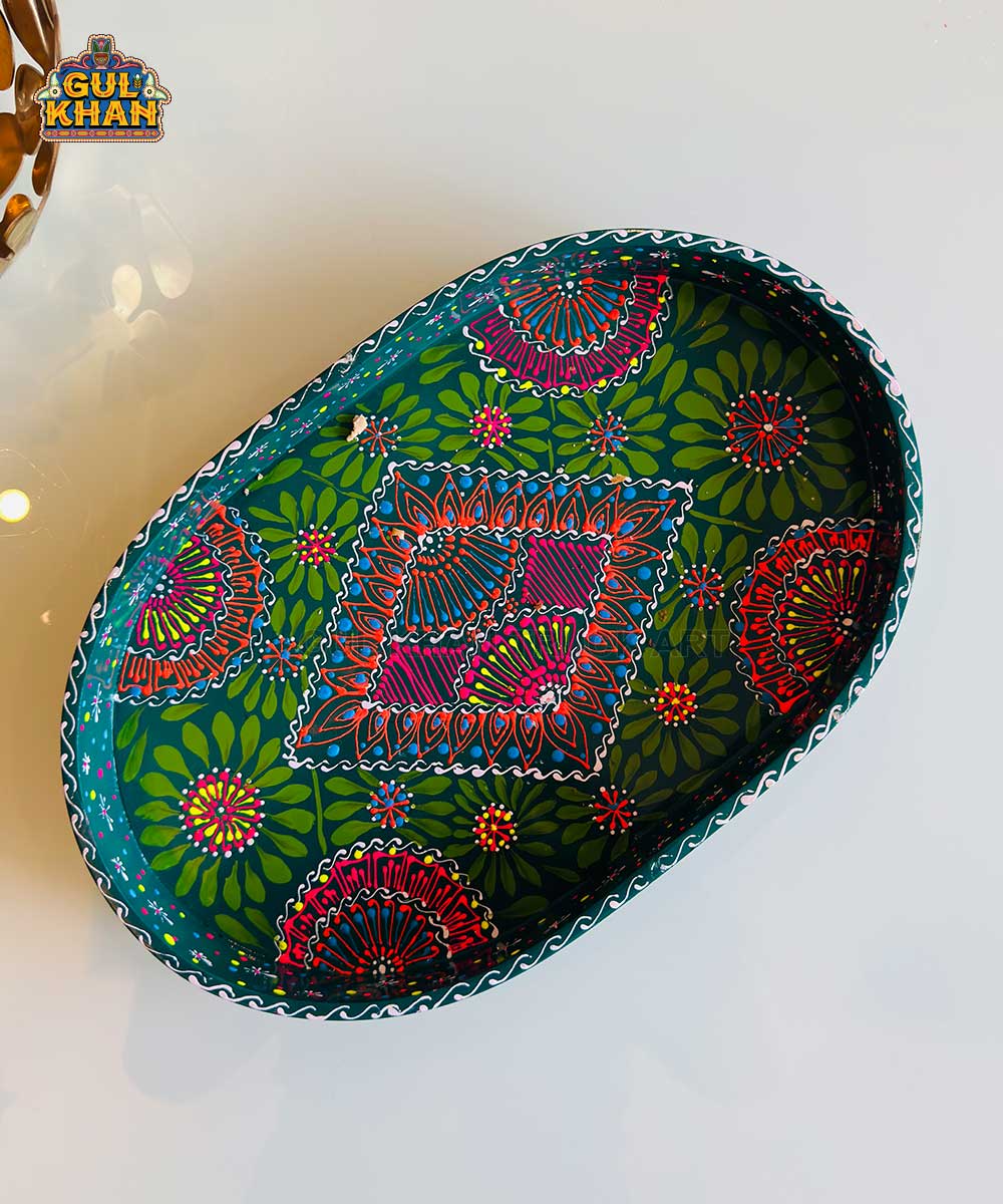 Green & Red Floral Motif Oval Cone Truck Art Tray (Handpainted)