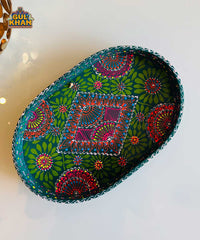 Green & Red Floral Motif Oval Cone Truck Art Tray (Handpainted)