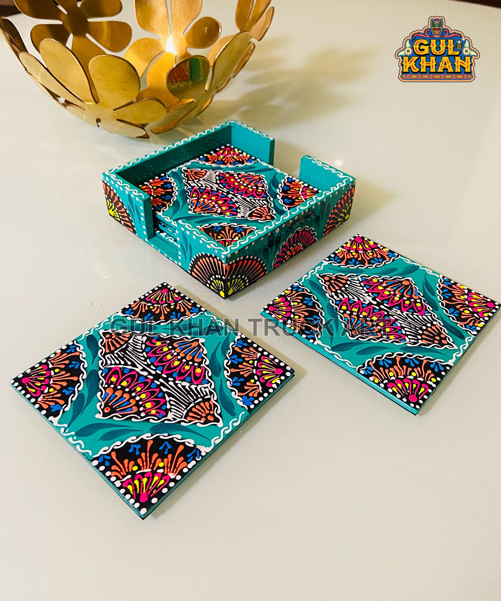 Sea Green Cone Art Coaster Set Of Six (Handpainted)