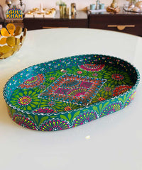 Green & Red Floral Motif Oval Cone Truck Art Tray (Handpainted)