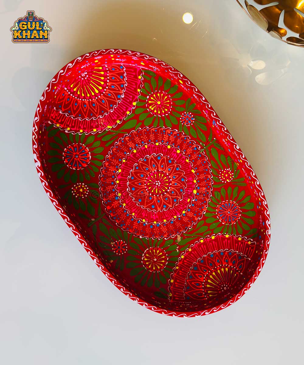 Green & Red Floral Motif Oval Cone Truck Art Tray (Handpainted)