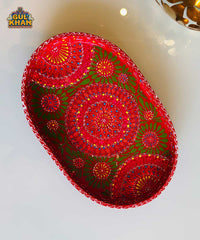 Green & Red Floral Motif Oval Cone Truck Art Tray (Handpainted)