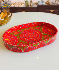 Green & Red Floral Motif Oval Cone Truck Art Tray (Handpainted)