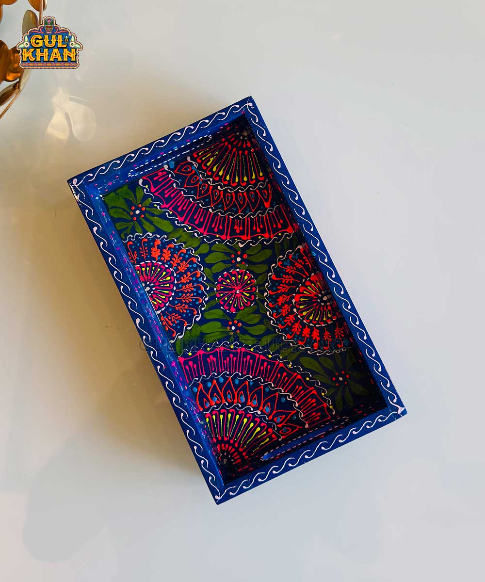 Dark Blue & Red Floral Motif Cone Truck Art Tray (Handpainted)